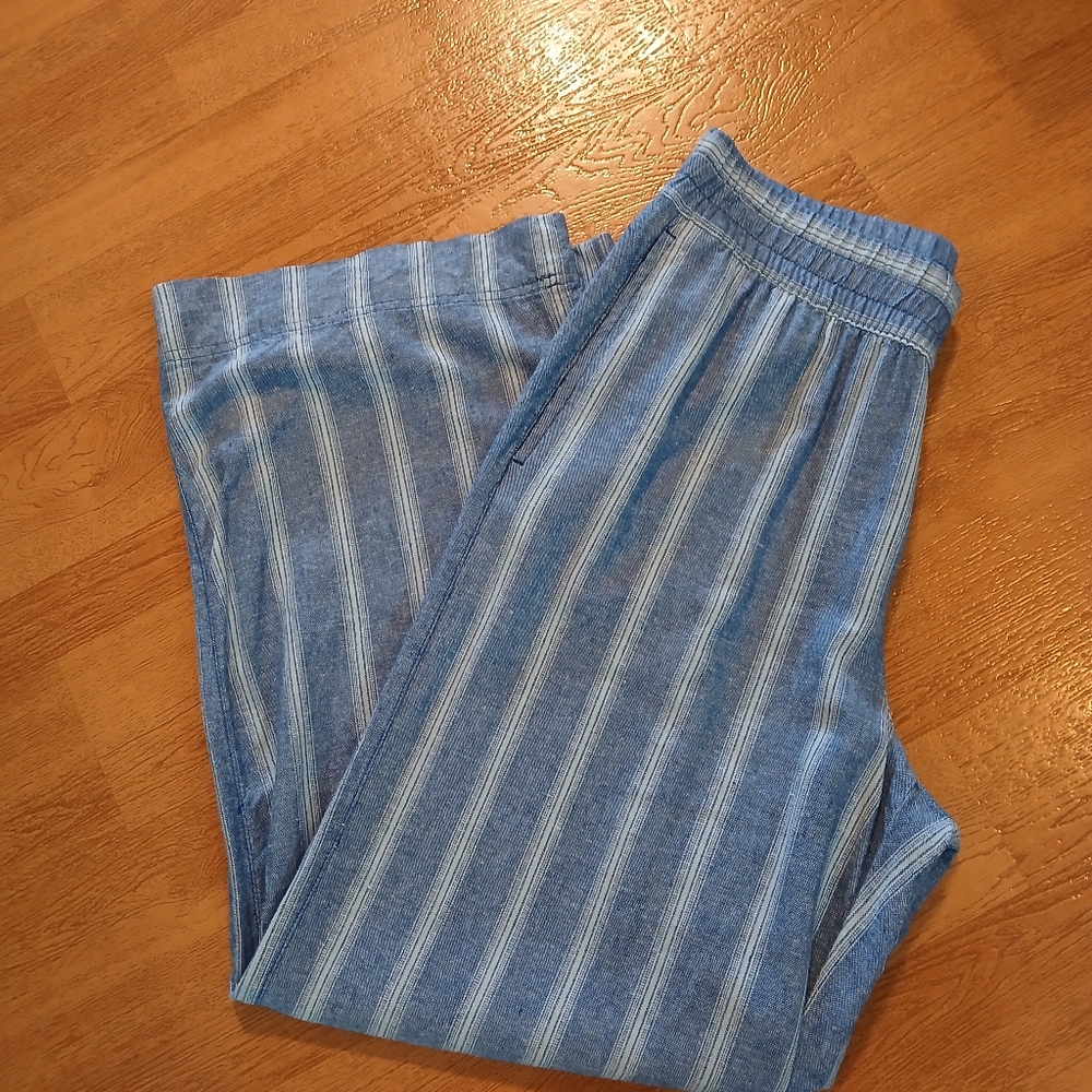 Old Navy Striped Blue High-Rise Linen Blend Pants